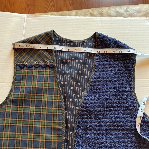 Handmade -Large-blue green plaid, blue terry cloth, buttons, unisex ,vest - Picture 9 of 9